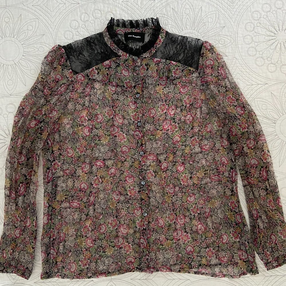 KOOPLES Sheer Floral Blouse Silk Chiffon Lace Trim WOW gorgeous - Picture 4 of 14